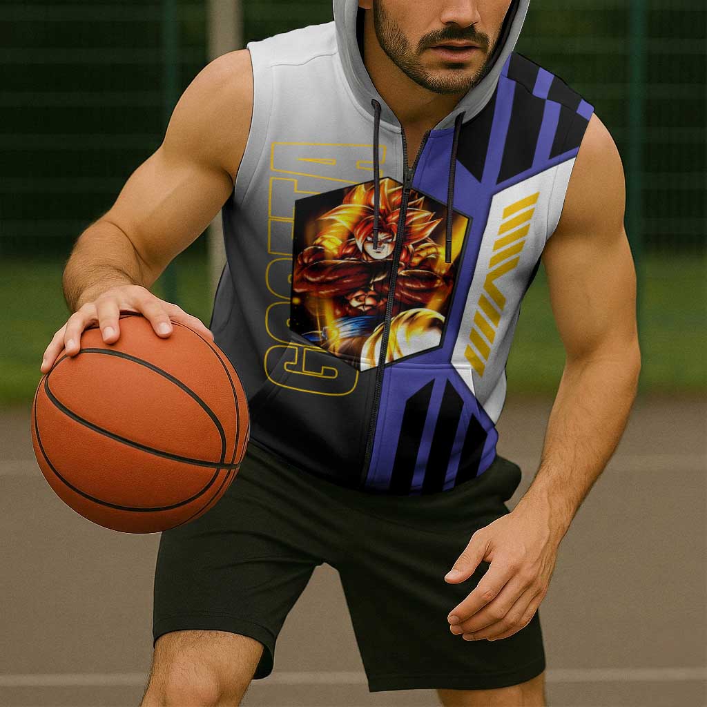 Gogeta from Dragon Ball Sleeveless Zip Hoodie with Super Saiyan Blue Form and Action Pose Design - The Mazicc