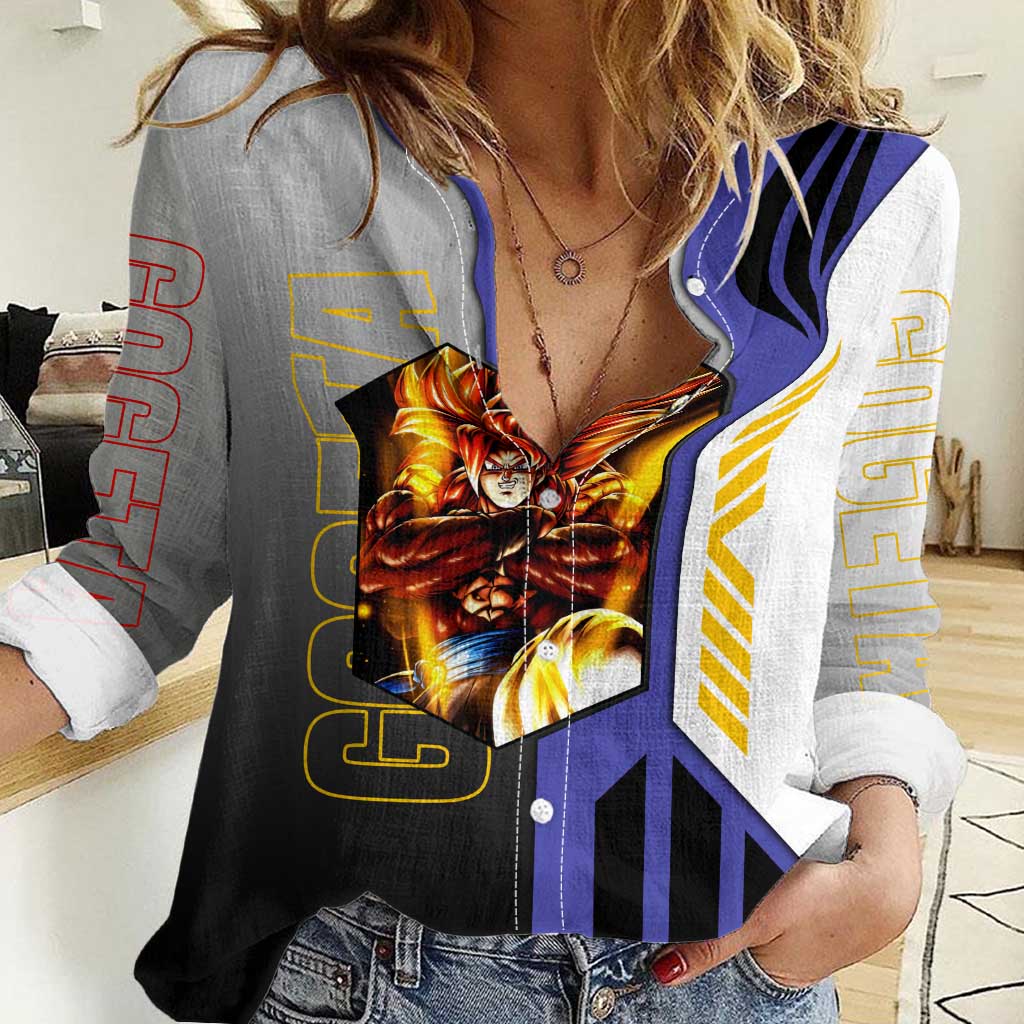 Gogeta from Dragon Ball Women Casual Shirt with Super Saiyan Blue Form and Action Pose Design - The Mazicc