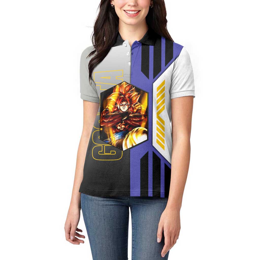 Gogeta from Dragon Ball Women Polo Shirt with Super Saiyan Blue Form and Action Pose Design - The Mazicc