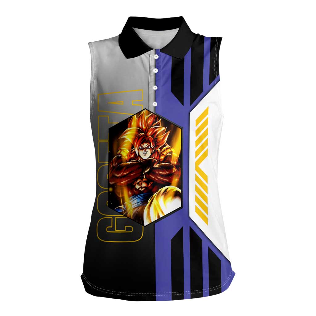Gogeta from Dragon Ball Women Sleeveless Polo Shirt with Super Saiyan Blue Form and Action Pose Design - The Mazicc