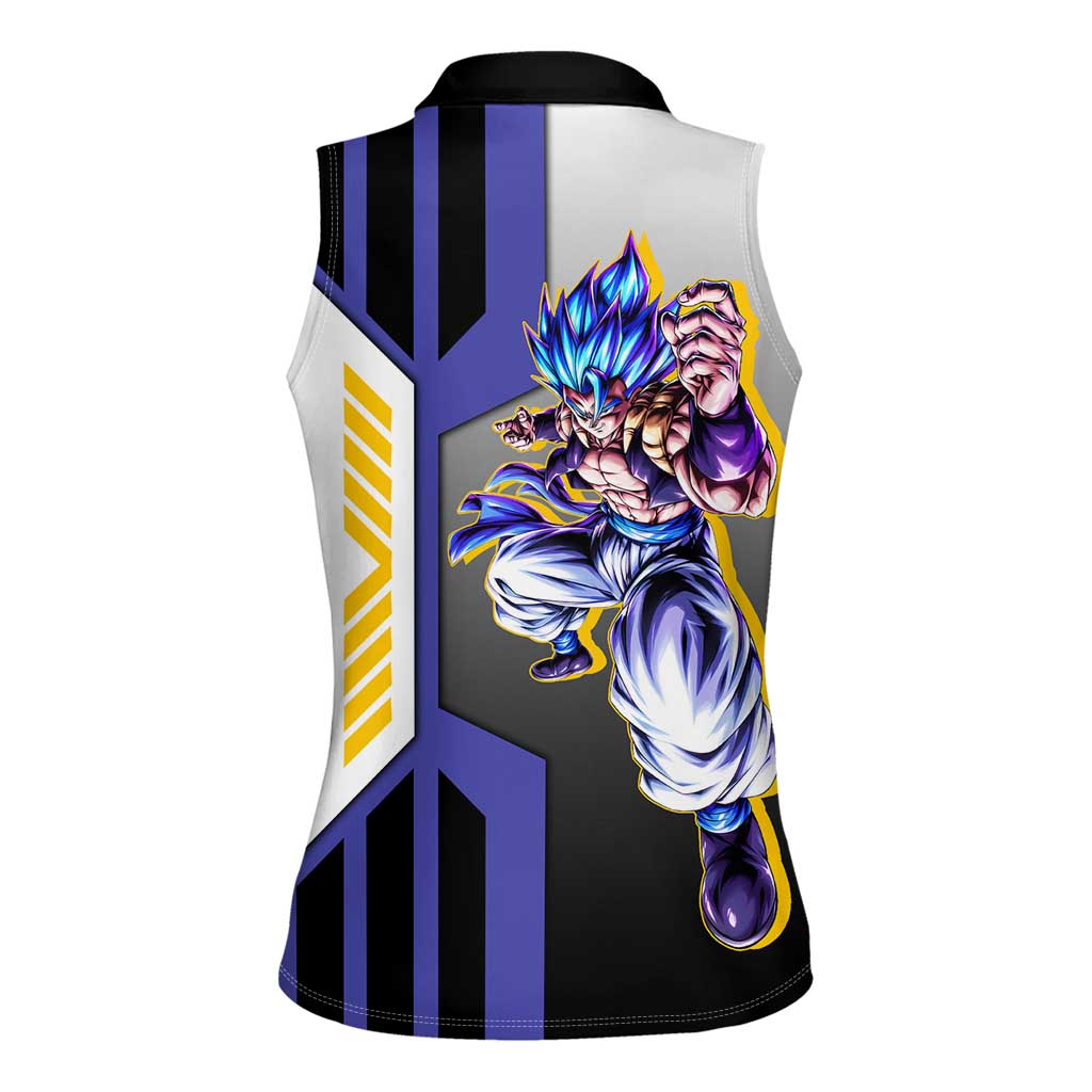 Gogeta from Dragon Ball Women Sleeveless Polo Shirt with Super Saiyan Blue Form and Action Pose Design - The Mazicc