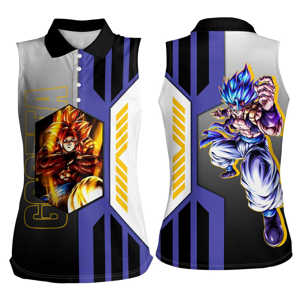 Gogeta from Dragon Ball Women Sleeveless Polo Shirt with Super Saiyan Blue Form and Action Pose Design - The Mazicc