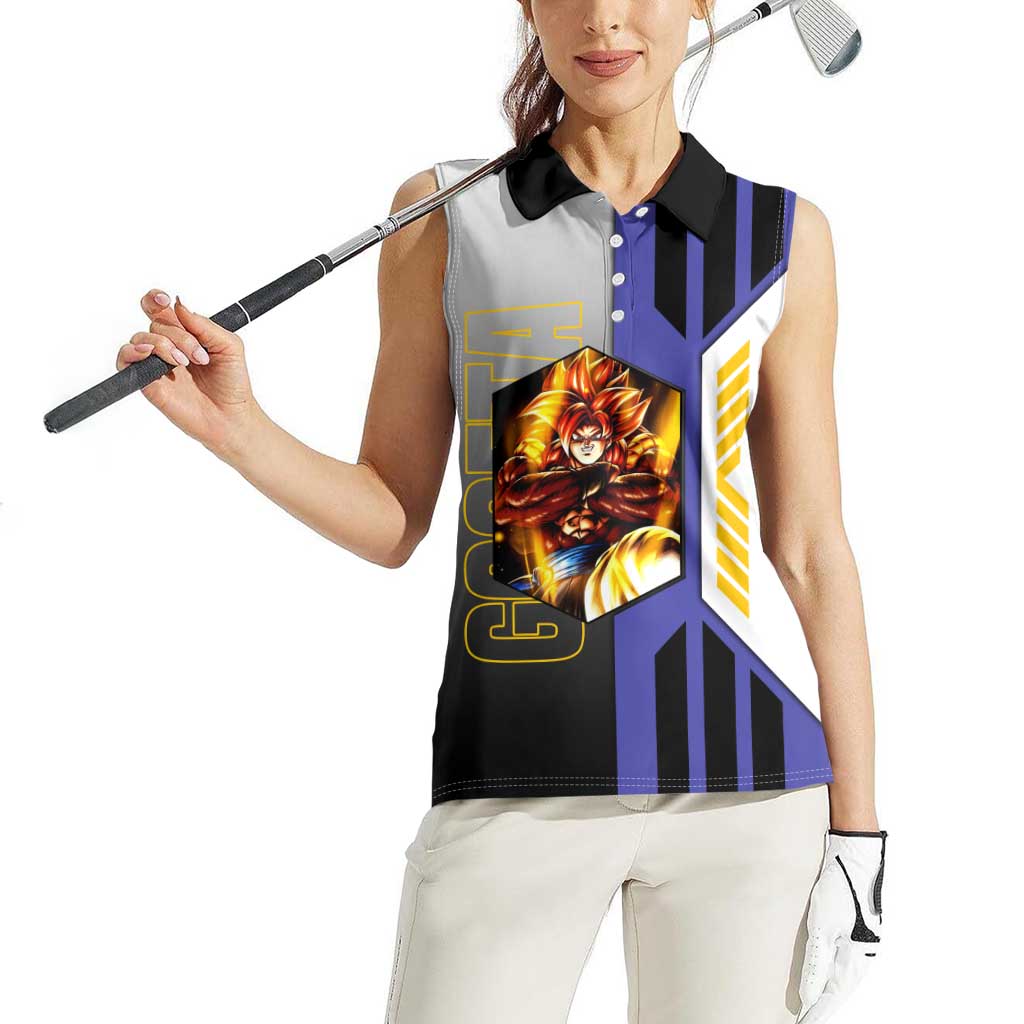 Gogeta from Dragon Ball Women Sleeveless Polo Shirt with Super Saiyan Blue Form and Action Pose Design - The Mazicc