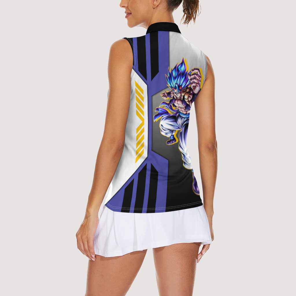 Gogeta from Dragon Ball Women Sleeveless Polo Shirt with Super Saiyan Blue Form and Action Pose Design - The Mazicc