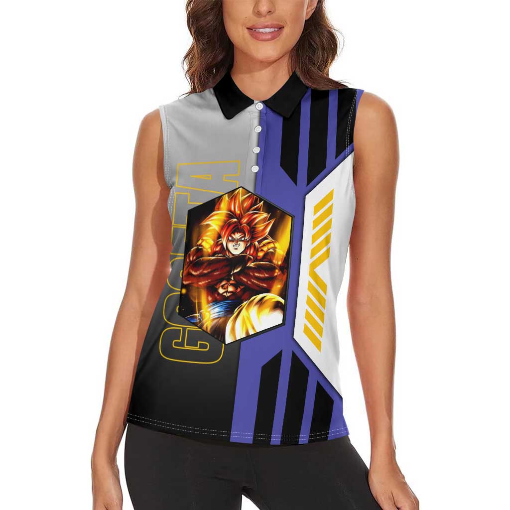 Gogeta from Dragon Ball Women Sleeveless Polo Shirt with Super Saiyan Blue Form and Action Pose Design - The Mazicc