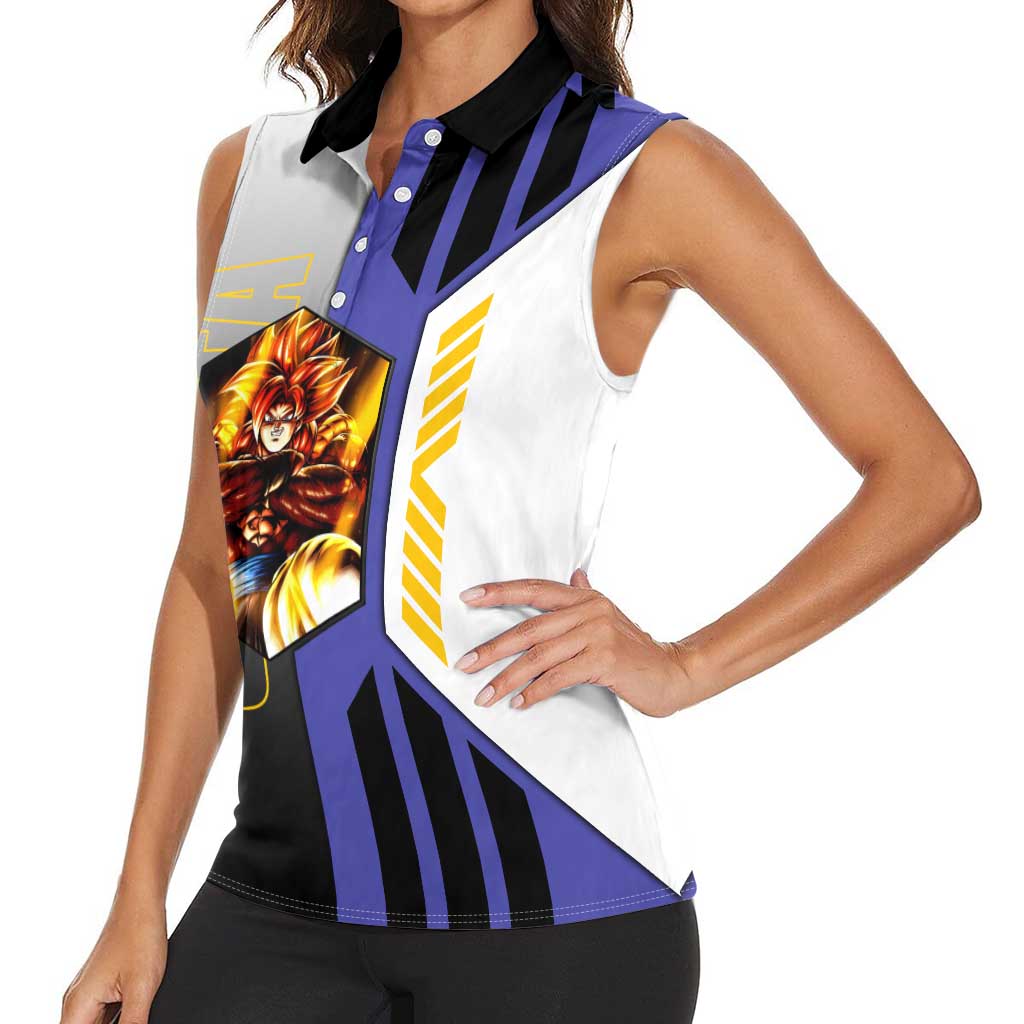Gogeta from Dragon Ball Women Sleeveless Polo Shirt with Super Saiyan Blue Form and Action Pose Design - The Mazicc