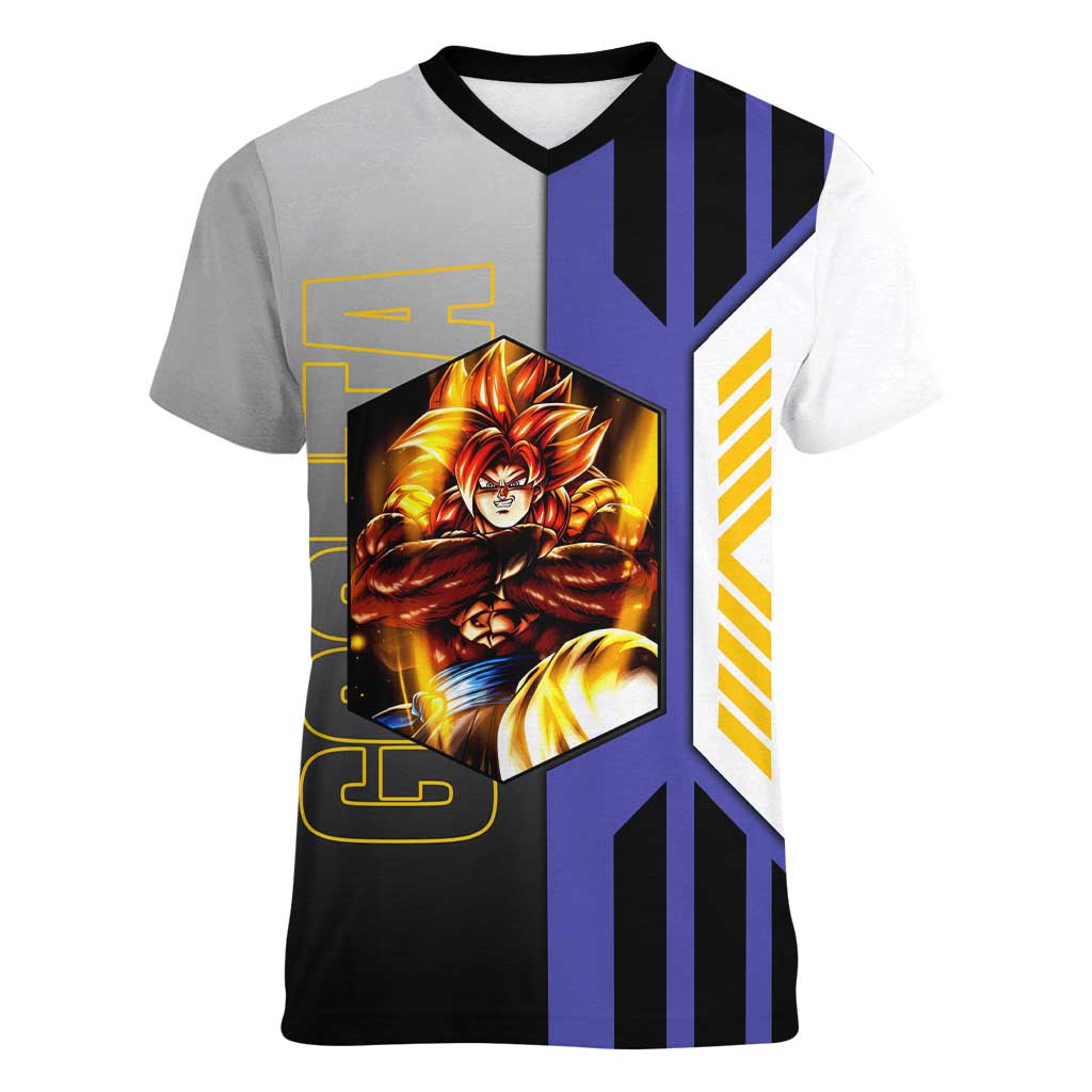 Gogeta from Dragon Ball Women V-Neck T-Shirt with Super Saiyan Blue Form and Action Pose Design - The Mazicc