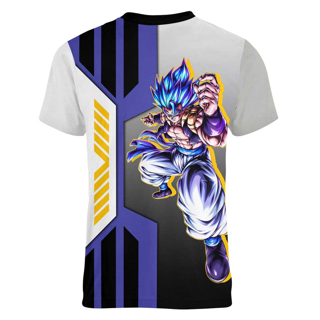 Gogeta from Dragon Ball Women V-Neck T-Shirt with Super Saiyan Blue Form and Action Pose Design - The Mazicc