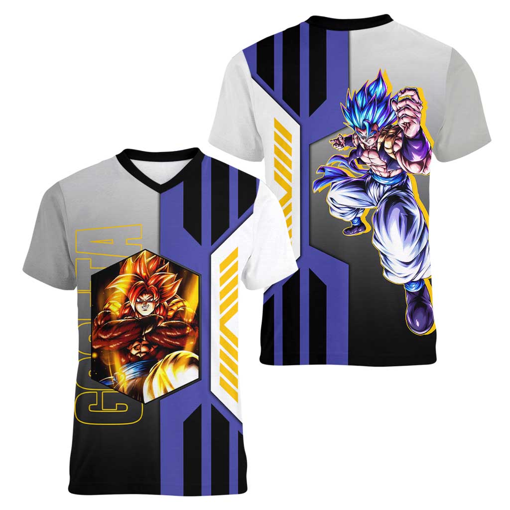 Gogeta from Dragon Ball Women V-Neck T-Shirt with Super Saiyan Blue Form and Action Pose Design - The Mazicc