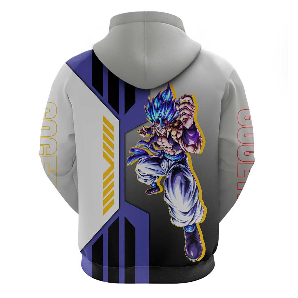 Gogeta from Dragon Ball Zip Hoodie with Super Saiyan Blue Form and Action Pose Design - The Mazicc