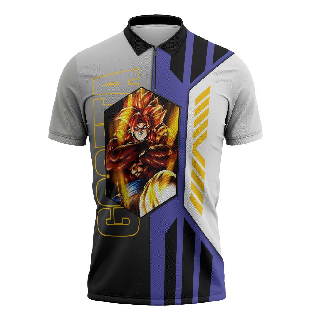 Gogeta from Dragon Ball Zipper Polo Shirt with Super Saiyan Blue Form and Action Pose Design - The Mazicc