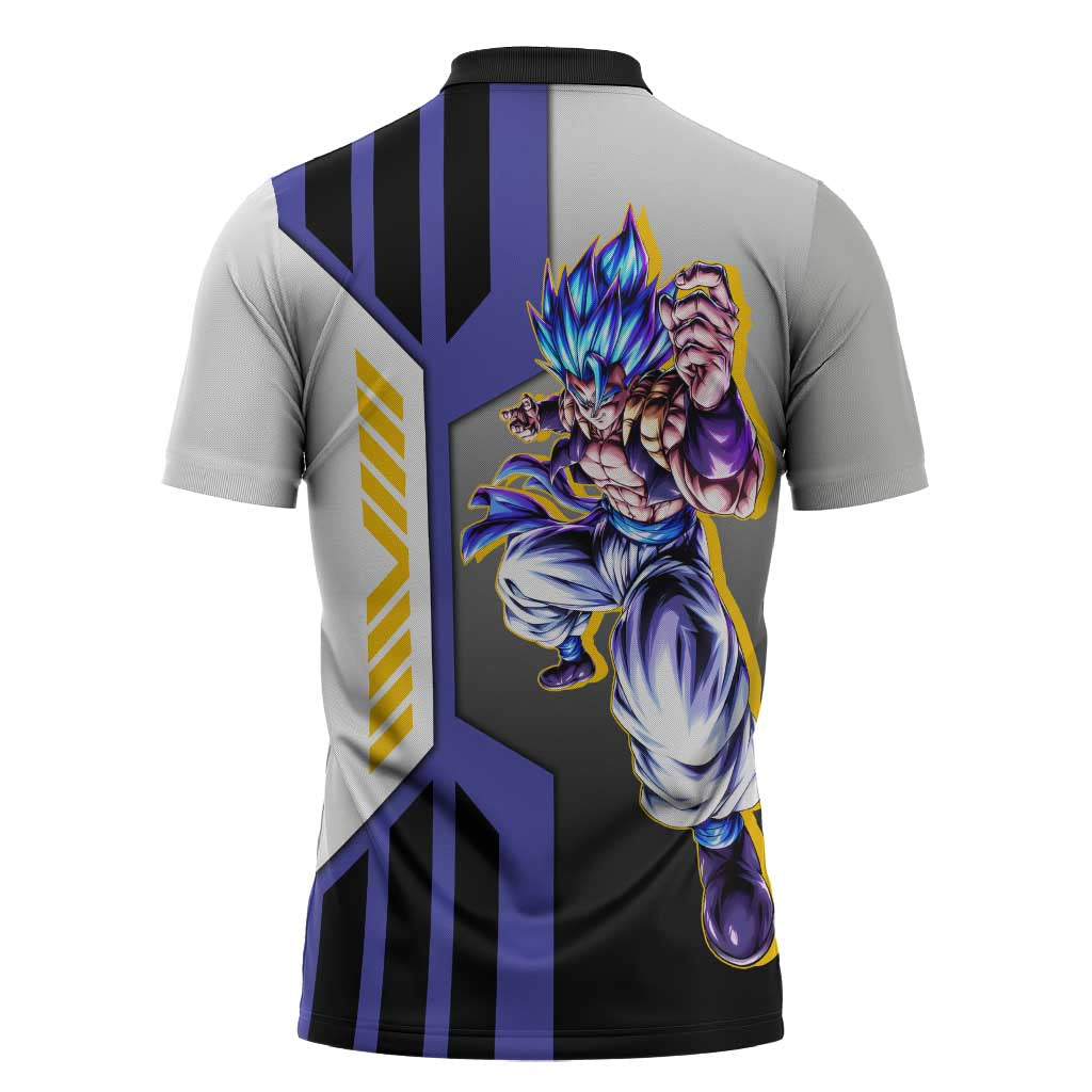 Gogeta from Dragon Ball Zipper Polo Shirt with Super Saiyan Blue Form and Action Pose Design - The Mazicc