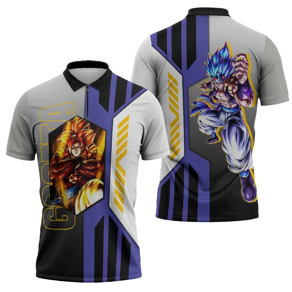 Gogeta from Dragon Ball Zipper Polo Shirt with Super Saiyan Blue Form and Action Pose Design - The Mazicc