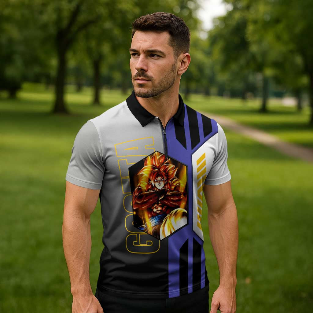 Gogeta from Dragon Ball Zipper Polo Shirt with Super Saiyan Blue Form and Action Pose Design - The Mazicc
