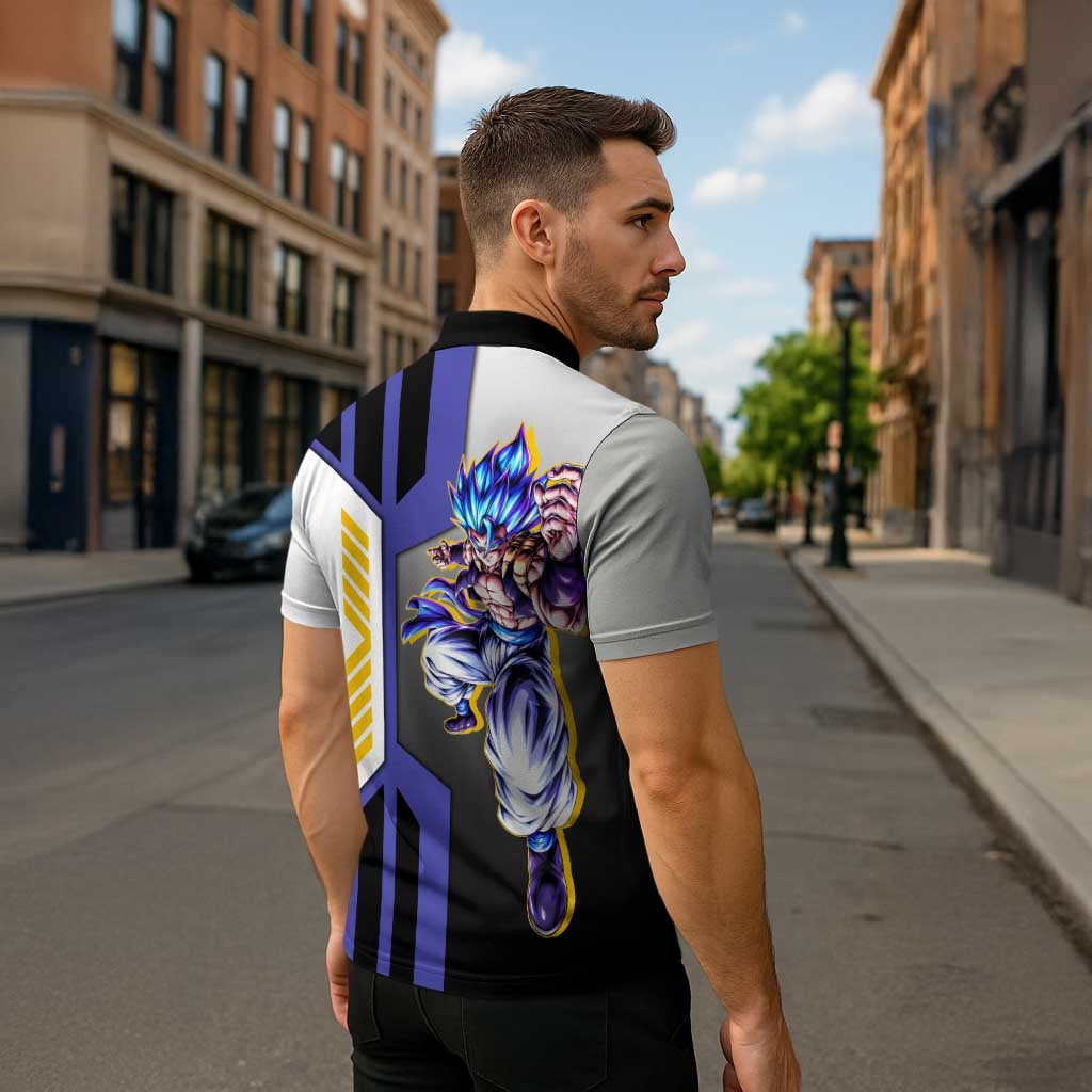 Gogeta from Dragon Ball Zipper Polo Shirt with Super Saiyan Blue Form and Action Pose Design - The Mazicc