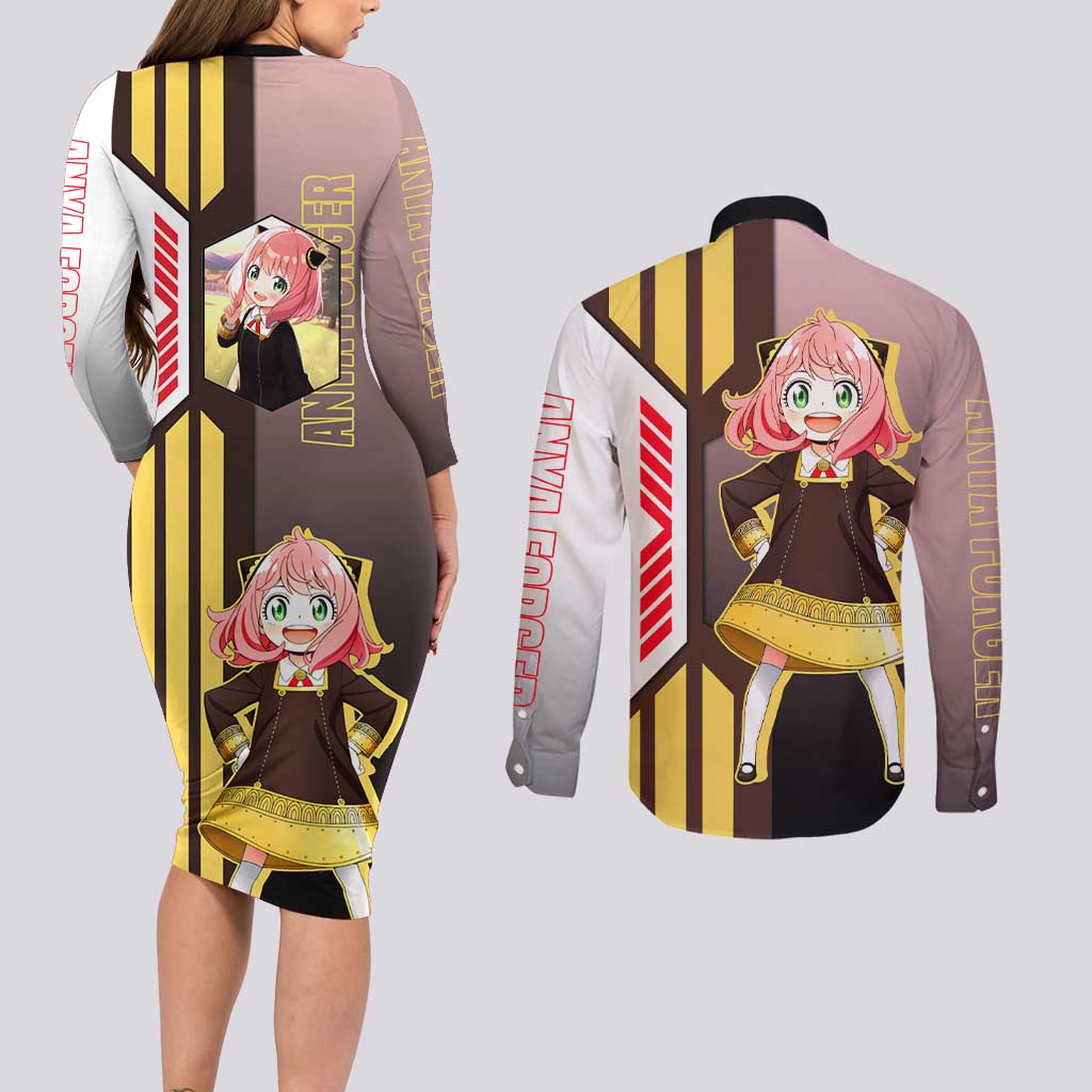 Anya Forger from Spy x Family Couples Matching Long Sleeve Bodycon Dress and Long Sleeve Button Shirt with Cute Pose and Character Design - The Mazicc