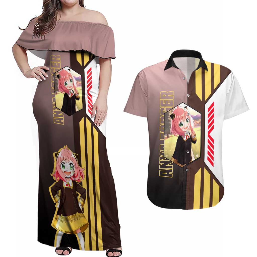 Anya Forger from Spy x Family Couples Matching Off Shoulder Maxi Dress and Hawaiian Shirt with Cute Pose and Character Design - The Mazicc