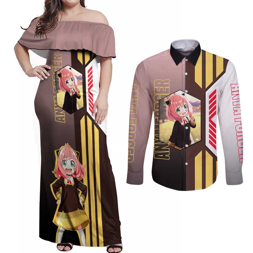 Anya Forger from Spy x Family Couples Matching Off Shoulder Maxi Dress and Long Sleeve Button Shirt with Cute Pose and Character Design - The Mazicc