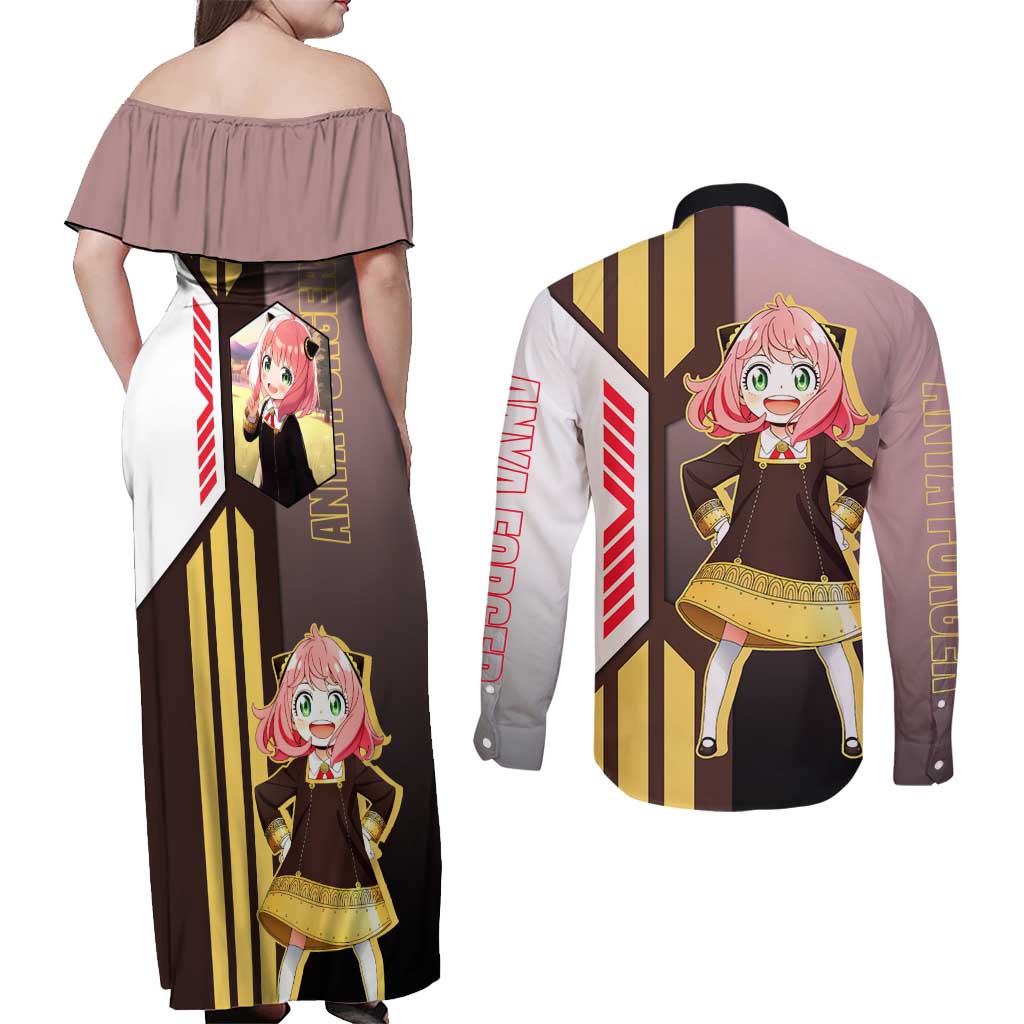 Anya Forger from Spy x Family Couples Matching Off Shoulder Maxi Dress and Long Sleeve Button Shirt with Cute Pose and Character Design - The Mazicc
