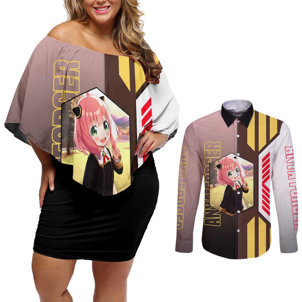 Anya Forger from Spy x Family Couples Matching Off Shoulder Short Dress and Long Sleeve Button Shirt with Cute Pose and Character Design - The Mazicc