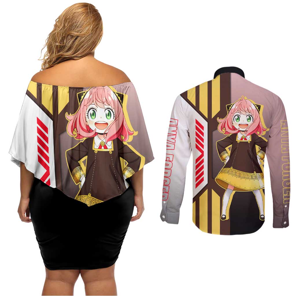 Anya Forger from Spy x Family Couples Matching Off Shoulder Short Dress and Long Sleeve Button Shirt with Cute Pose and Character Design - The Mazicc