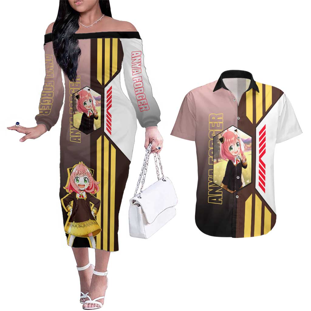 Anya Forger from Spy x Family Couples Matching Off The Shoulder Long Sleeve Dress and Hawaiian Shirt with Cute Pose and Character Design - The Mazicc