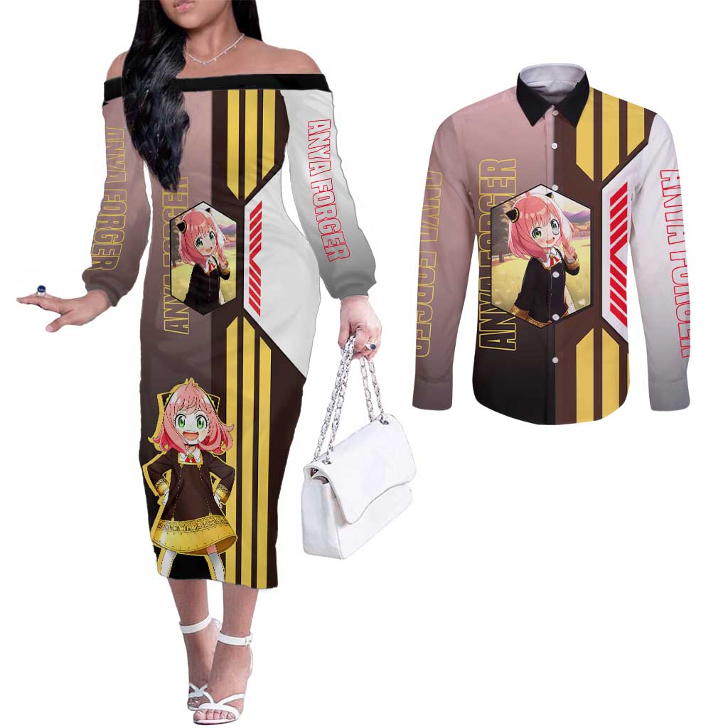 Anya Forger from Spy x Family Couples Matching Off The Shoulder Long Sleeve Dress and Long Sleeve Button Shirt with Cute Pose and Character Design - The Mazicc