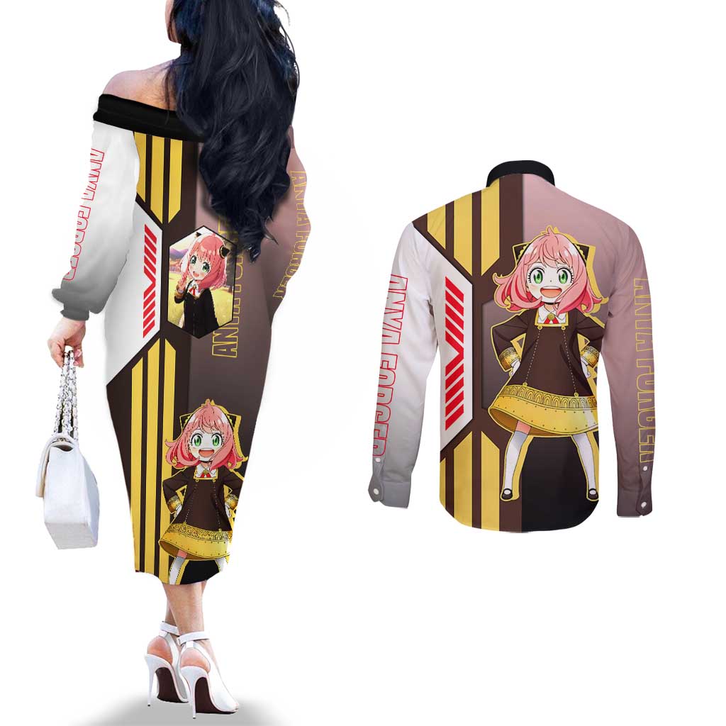Anya Forger from Spy x Family Couples Matching Off The Shoulder Long Sleeve Dress and Long Sleeve Button Shirt with Cute Pose and Character Design - The Mazicc