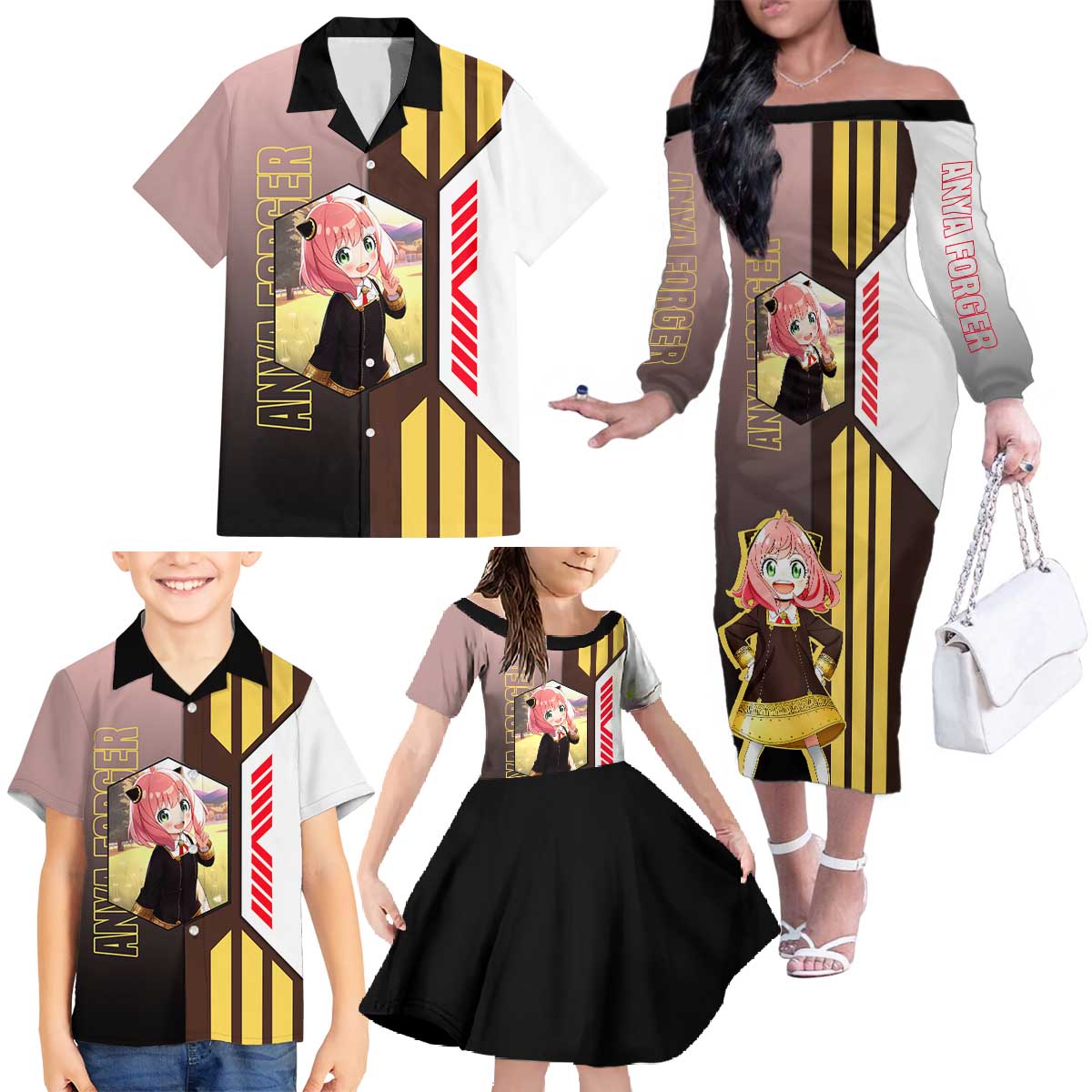Anya Forger from Spy x Family Family Matching Off The Shoulder Long Sleeve Dress and Hawaiian Shirt with Cute Pose and Character Design - The Mazicc