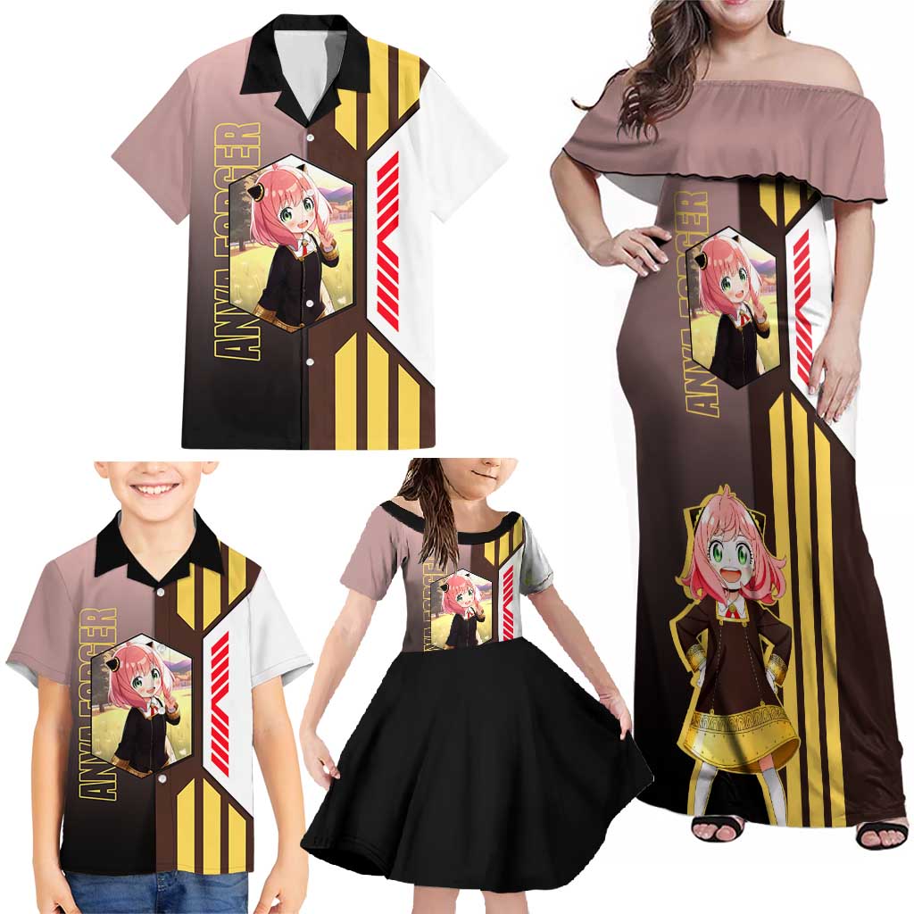Anya Forger from Spy x Family Family Matching Off Shoulder Maxi Dress and Hawaiian Shirt with Cute Pose and Character Design - The Mazicc