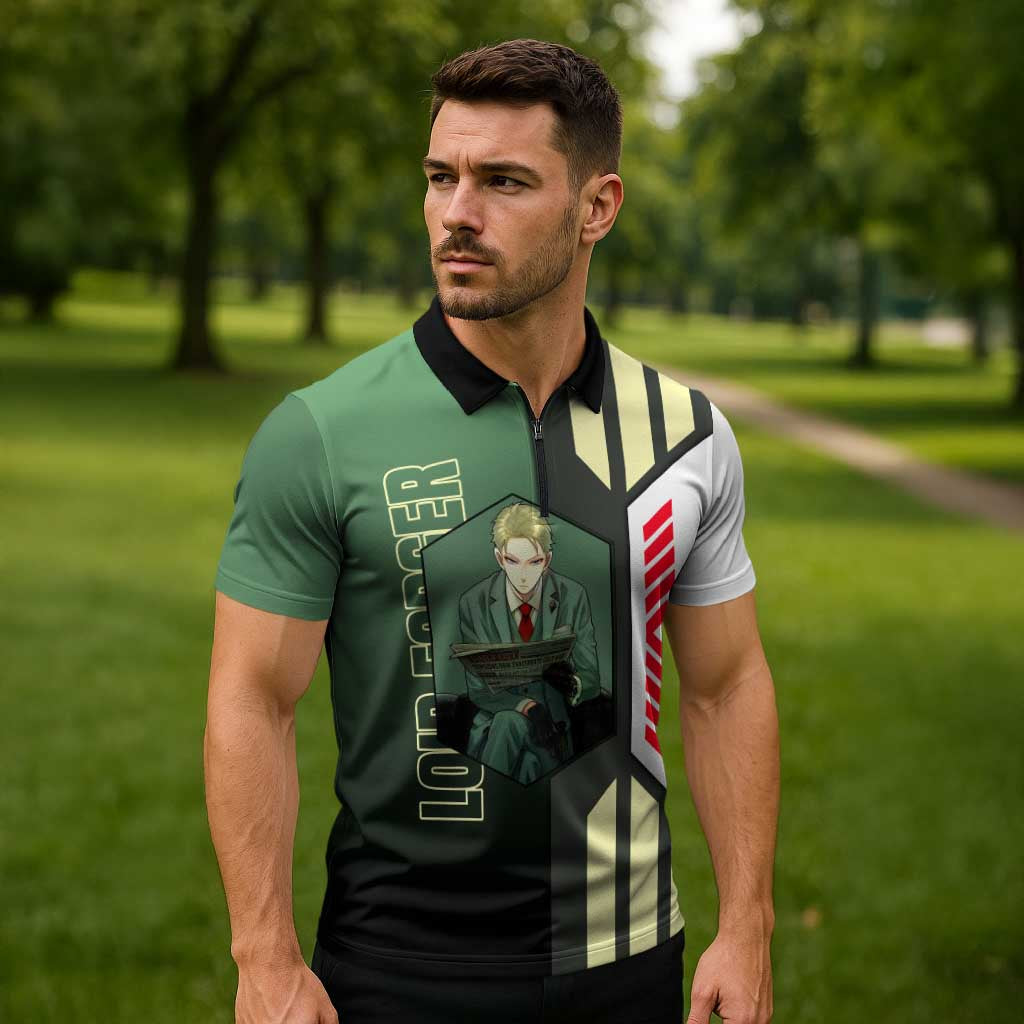 Loid Forger from Spy x Family Zipper Polo Shirt with Cool Posing and Character Design - The Mazicc