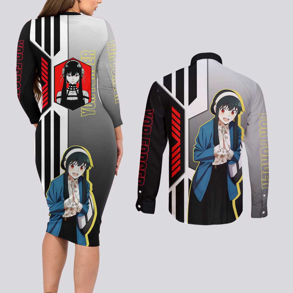 Yor Forger from Spy x Family Couples Matching Long Sleeve Bodycon Dress and Long Sleeve Button Shirt with Cool Posing and Character Design - The Mazicc