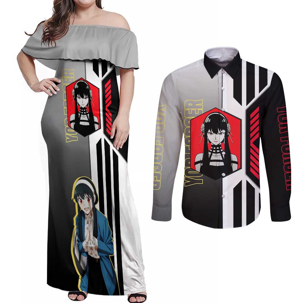 Yor Forger from Spy x Family Couples Matching Off Shoulder Maxi Dress and Long Sleeve Button Shirt with Cool Posing and Character Design - The Mazicc
