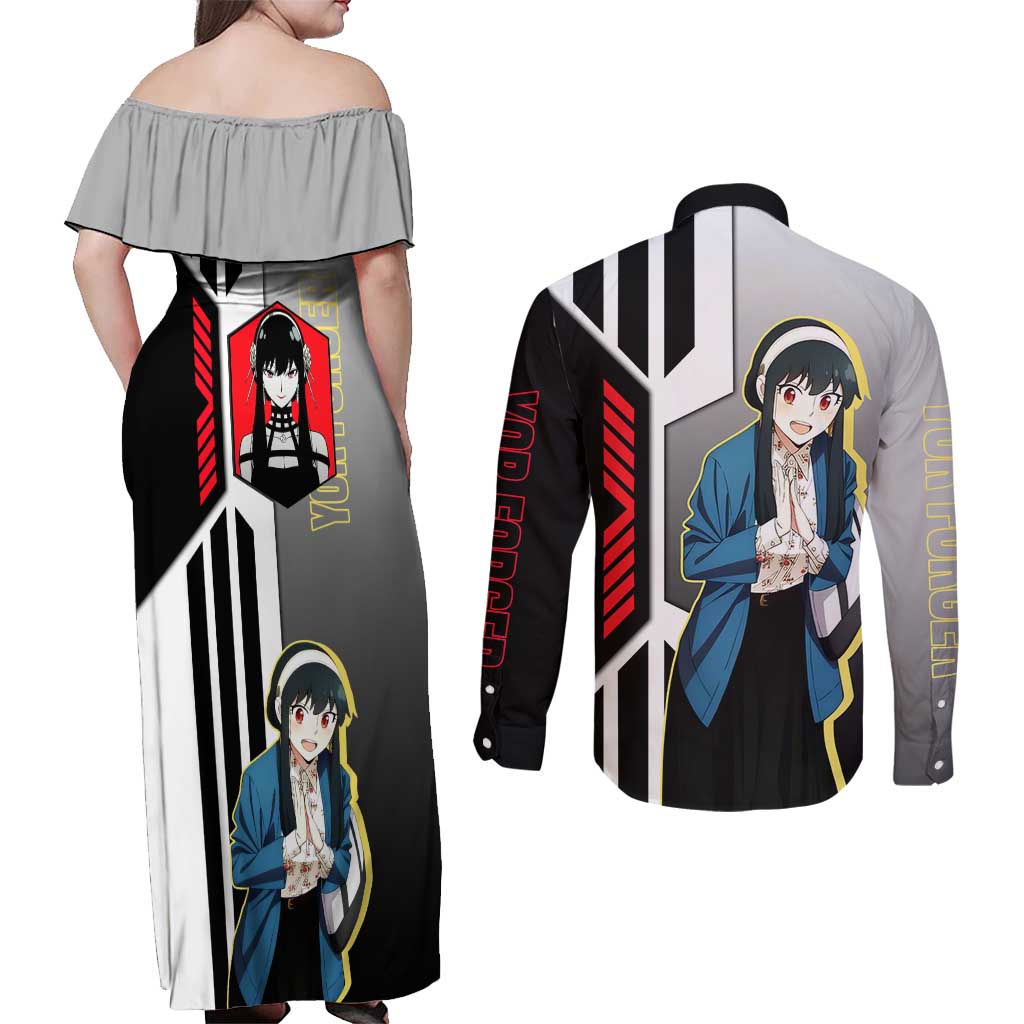Yor Forger from Spy x Family Couples Matching Off Shoulder Maxi Dress and Long Sleeve Button Shirt with Cool Posing and Character Design - The Mazicc