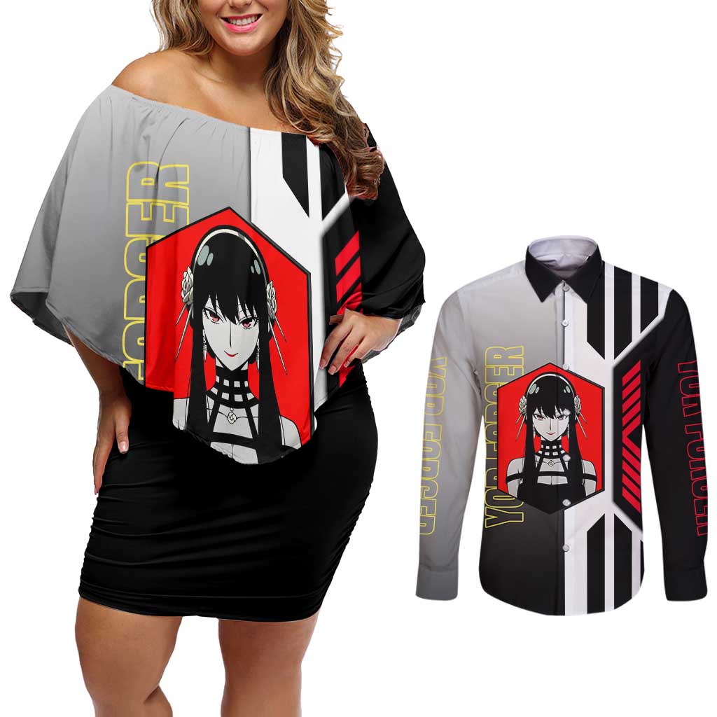Yor Forger from Spy x Family Couples Matching Off Shoulder Short Dress and Long Sleeve Button Shirt with Cool Posing and Character Design - The Mazicc