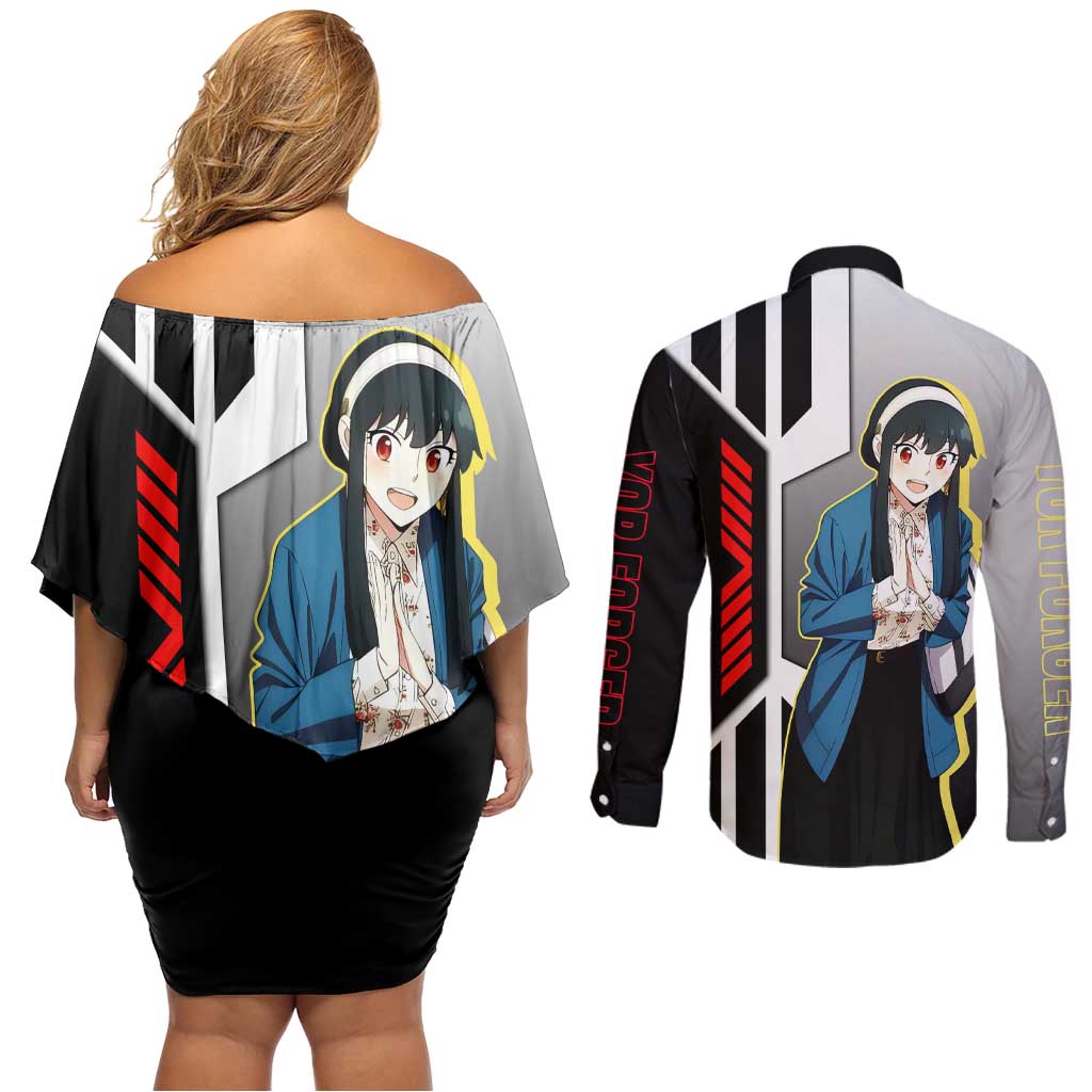 Yor Forger from Spy x Family Couples Matching Off Shoulder Short Dress and Long Sleeve Button Shirt with Cool Posing and Character Design - The Mazicc