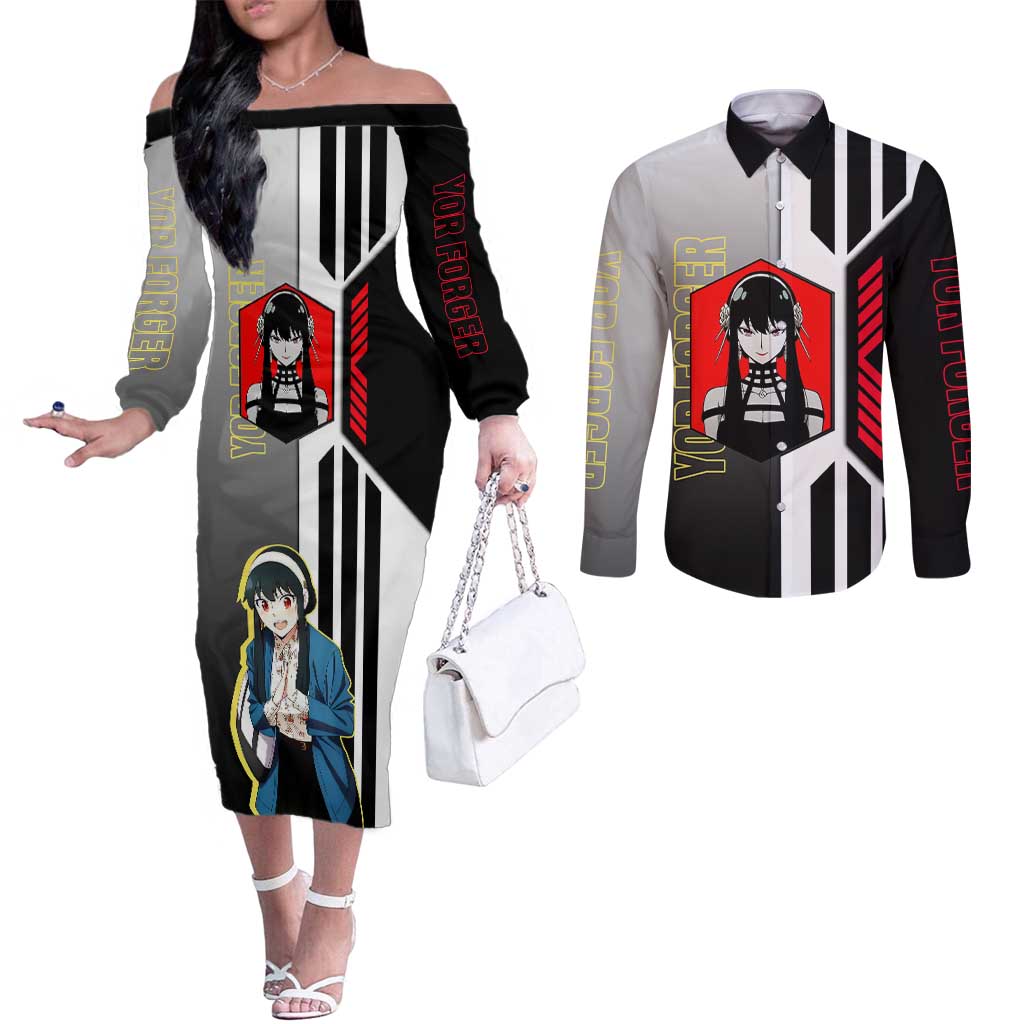 Yor Forger from Spy x Family Couples Matching Off The Shoulder Long Sleeve Dress and Long Sleeve Button Shirt with Cool Posing and Character Design - The Mazicc