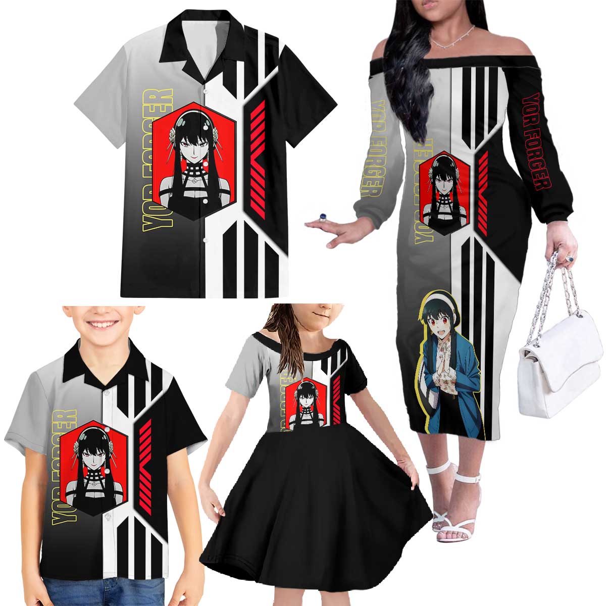 Yor Forger from Spy x Family Family Matching Off The Shoulder Long Sleeve Dress and Hawaiian Shirt with Cool Posing and Character Design - The Mazicc