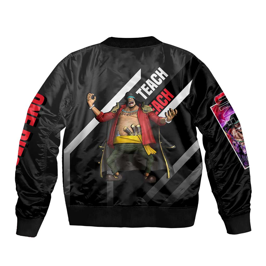 Marshall D. Teach One Piece Bomber Jacket with Blackbeard Pirate Pose and Fierce Design - The Mazicc