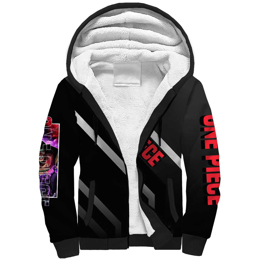 Marshall D. Teach One Piece Sherpa Hoodie with Blackbeard Pirate Pose and Fierce Design - The Mazicc
