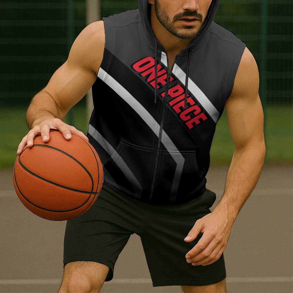 Marshall D. Teach One Piece Sleeveless Zip Hoodie with Blackbeard Pirate Pose and Fierce Design - The Mazicc