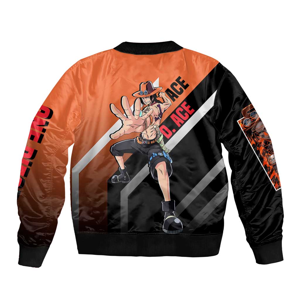 Portgas D. Ace One Piece Bomber Jacket with Fire Powers and Bold Action Pose Design - The Mazicc