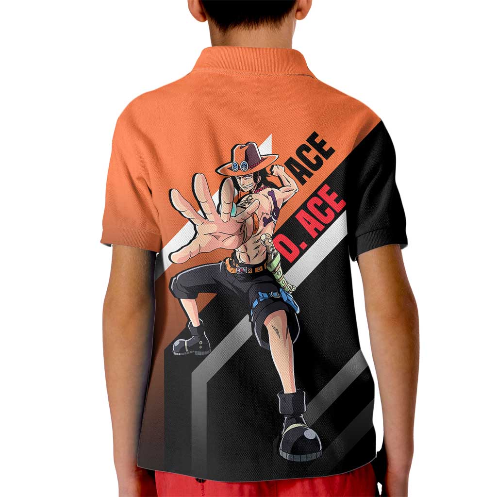 Portgas D. Ace One Piece Kid Polo Shirt with Fire Powers and Bold Action Pose Design - The Mazicc