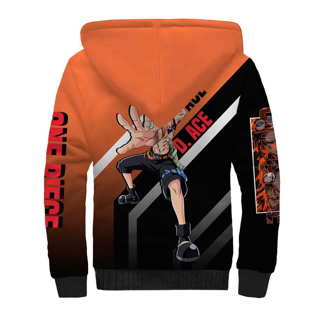Portgas D. Ace One Piece Sherpa Hoodie with Fire Powers and Bold Action Pose Design - The Mazicc