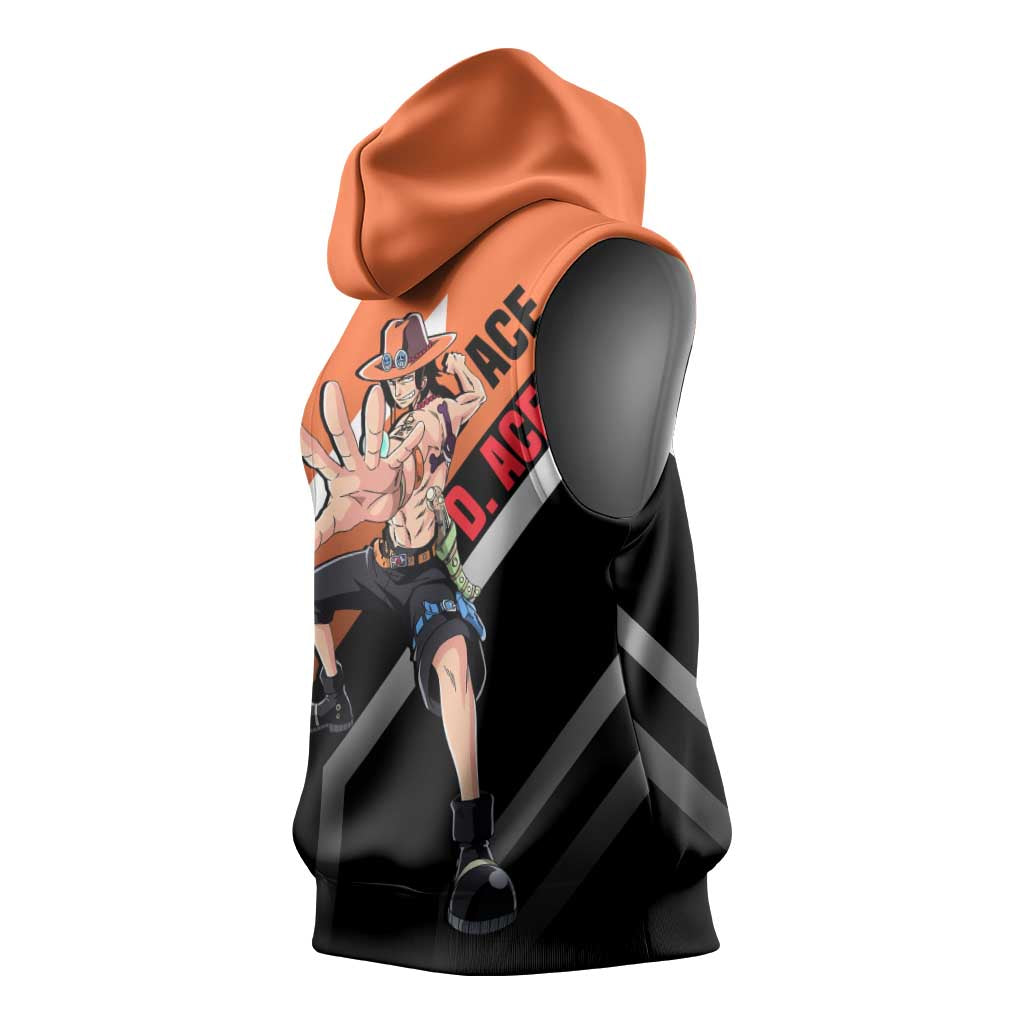 Portgas D. Ace One Piece Sleeveless Hoodie with Fire Powers and Bold Action Pose Design - The Mazicc
