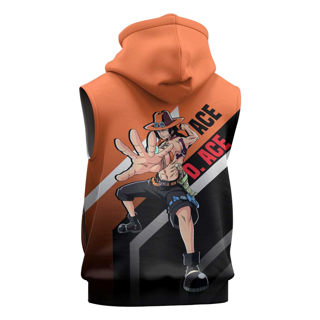 Portgas D. Ace One Piece Sleeveless Zip Hoodie with Fire Powers and Bold Action Pose Design - The Mazicc