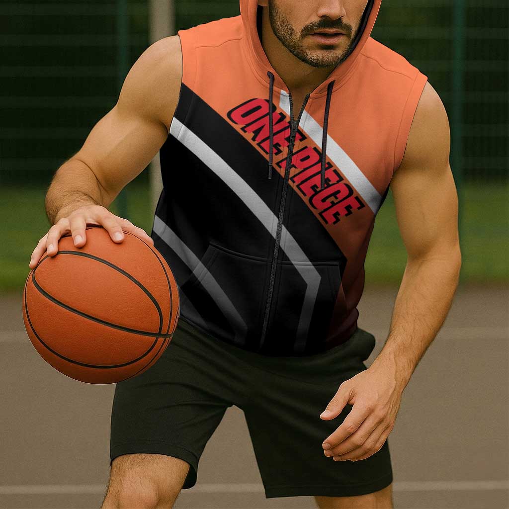 Portgas D. Ace One Piece Sleeveless Zip Hoodie with Fire Powers and Bold Action Pose Design - The Mazicc