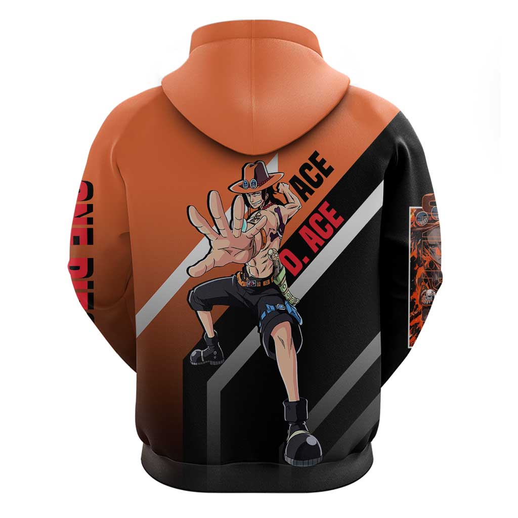 Portgas D. Ace One Piece Zip Hoodie with Fire Powers and Bold Action Pose Design - The Mazicc