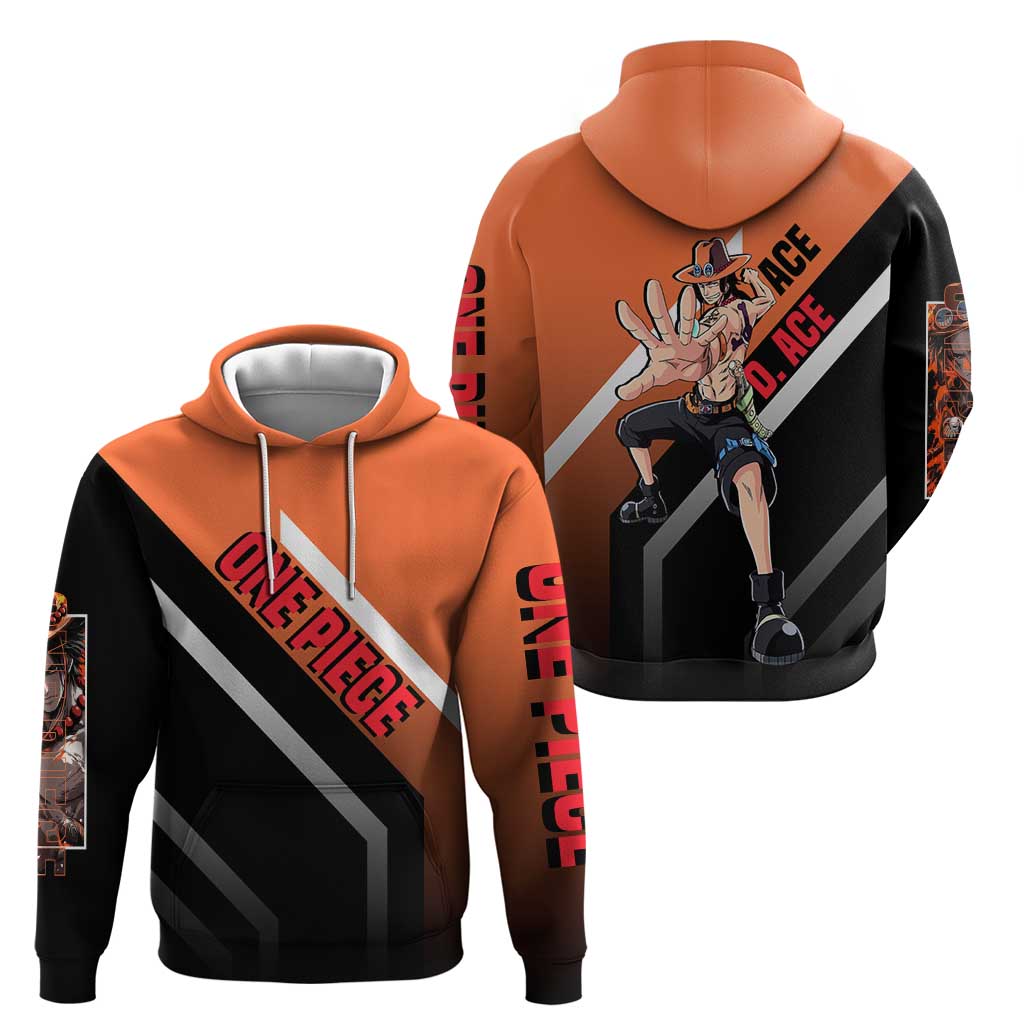 Portgas D. Ace One Piece Zip Hoodie with Fire Powers and Bold Action Pose Design - The Mazicc