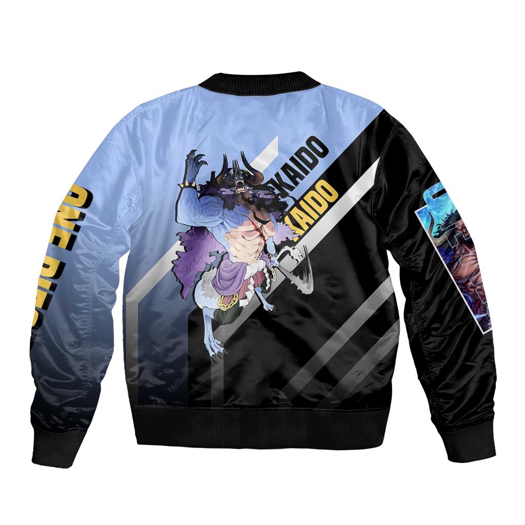 Kaido One Piece Bomber Jacket with Dragon Form and Fierce Battle Pose Design - The Mazicc